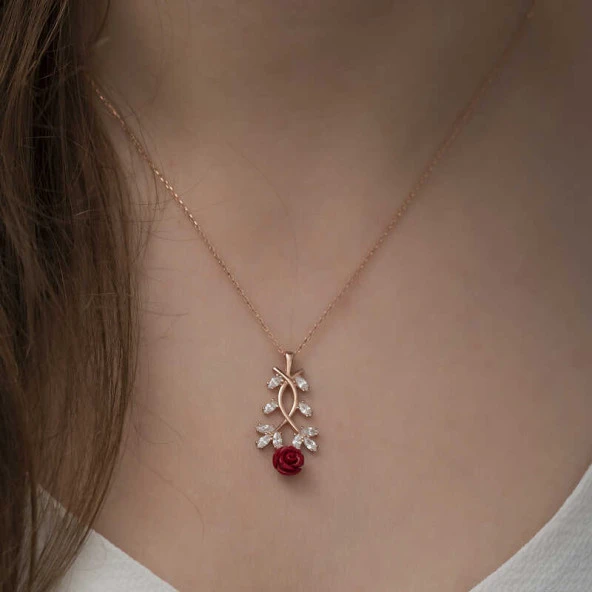 ​Gümüş Rose Kırmızı Gül Kolye - Resim 3