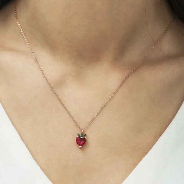 ​Gümüş Rose Çilek Figür Meyve Kolye - Resim 5
