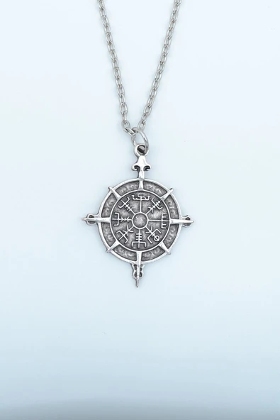 Viking Vegvisir Pusula  Gümüş Kaplama Düz Zincir Kolye ürün görseli 1