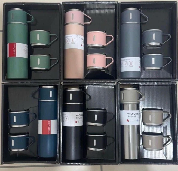 yeşil Vacuum Termos Paslanmaz Çelik 500 ml Sıcak-soğuk Termos Seti 3 Bardaklı yeşil ürün görseli 1