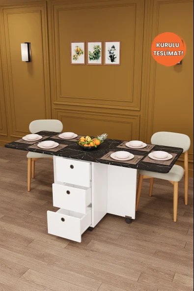 Lüks Katlanır Mutfak Yemek Masası %100 MDF Pratik Çekmeceli Çalışma Masası KM30 ürün görseli 1