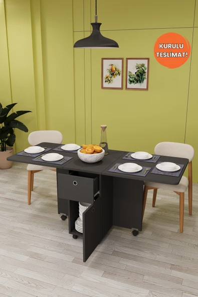 Lüks Katlanır Mutfak Yemek Masası %100 MDF Pratik Çekmece+Dolaplı Çalışma Masası KM28 ürün görseli 1