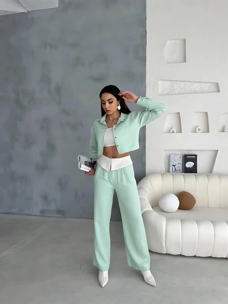 KETEN GÖMLEK-CROP-SALAŞ PANTOLON TAKIM - Mint ürün görseli 1