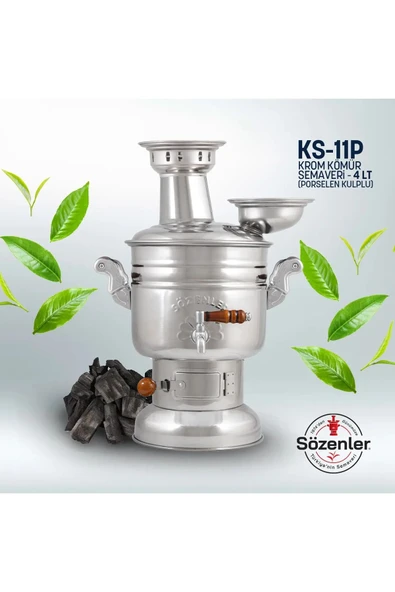 4 Litre-porselen Krom Kömürlü Semaver (porselen Kulp) Taşıma Çantası Hediyeli ürün görseli 1