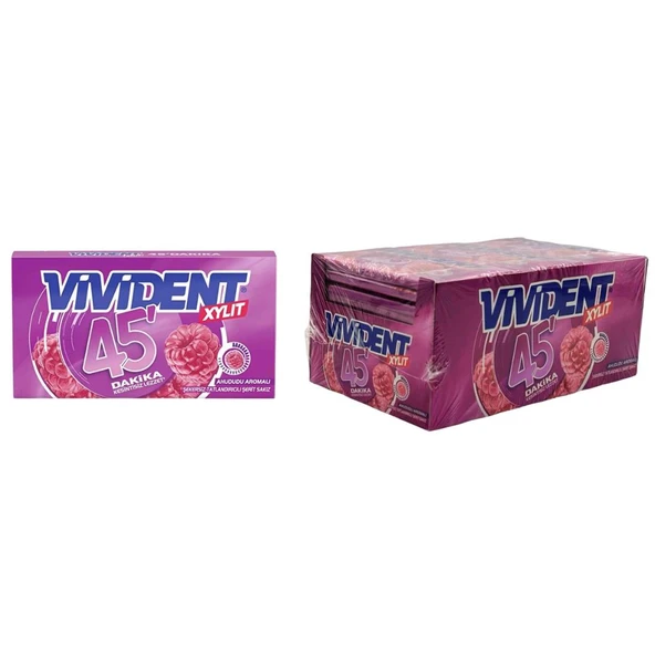 Vivident XYLIT 45 Dakika Ahududu Aromalı Şekersiz Sakız 26 g x 18 Adet ürün görseli 1