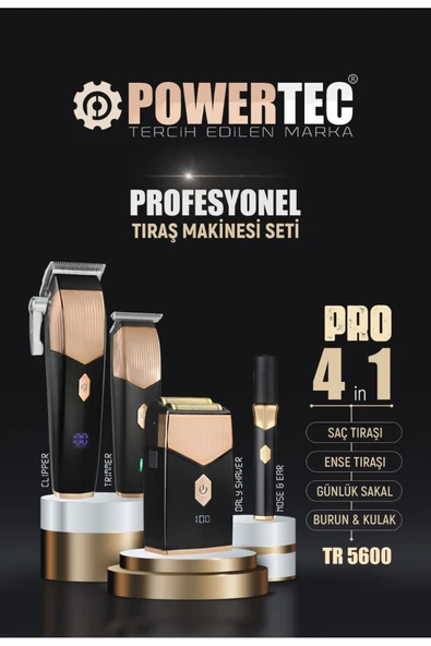 Powertec TR-5600 Pro 4 in 1 Saç ve Sakal Kesme Makinesi (4'lü Şarj Standı ve Önlük Hediye) ürün görseli 1