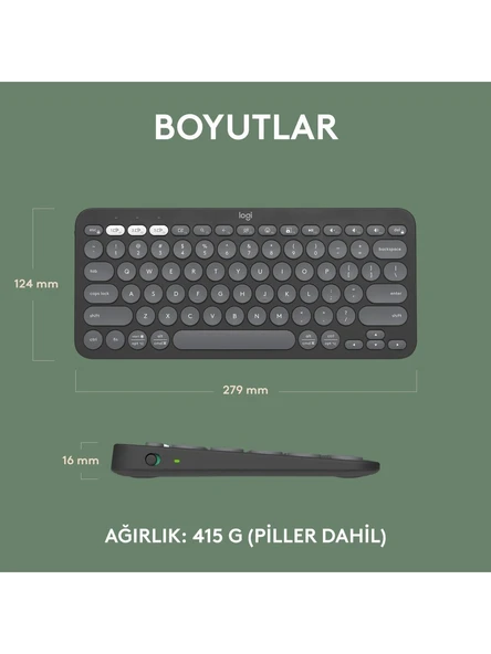Logitech K380s Pebble Keys 2 Çoklu Cihaz Özellikli Bluetooth İngilizce Q Klavye ürün görseli 1