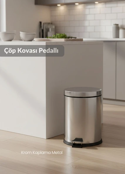 Pedallı Banyo ve Mutfak Çöp Kovası - Gri Metalik Lüks Çöp Kutusu İç Kovalı 16 Litre ürün görseli 1