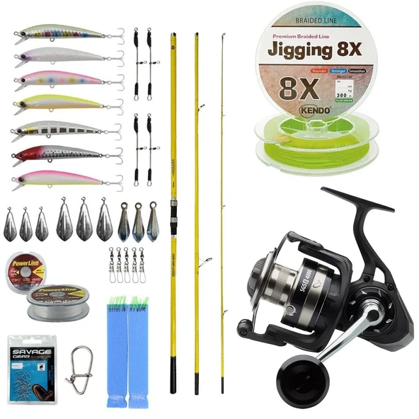 YekOutdoor Yüksek Performans Okuma Olta Seti Okuma Makaira Surf 4,30 cm 100-250 gr 3 Parça Yellow Surf Kamışı&Savage Gear SGS8 8000 FD 8+1BB Olta Makinesi ürün görseli 1