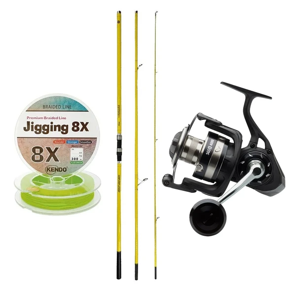 YekOutdoor Profesyonel Olta Seti Okuma Makaira Surf 4,50 cm 100-250 3 Parça Yellow Surf Kamışı&Savage Gear SGS8 8000 FD 8+1BB Olta Makinesi ürün görseli 1