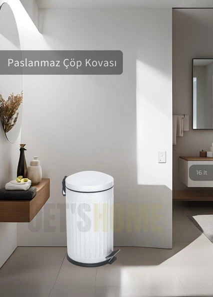 Pedallı Banyo Çöp Kovası Paslanmaz 16 Lt Mutfak Çöp Kutusu Beyaz ürün görseli 1