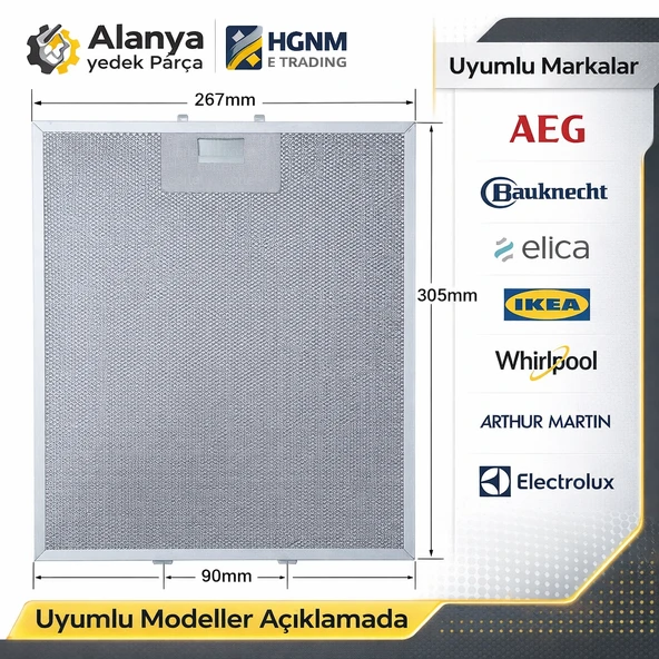 2 ADET Alanya Yedek Parça Davlumbaz Filtresi Uyumlu 267x305 mm ürün görseli 1