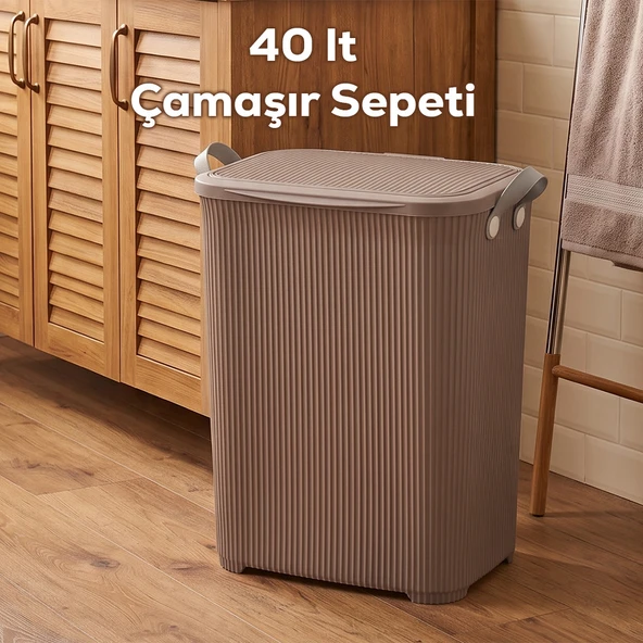 Porsima 0750-2 Stil Kapaklı Kirli Çamaşır Sepeti - Dikdörtgen Kirli Çamaşır Sepeti Mokka 40Lt ürün görseli 1