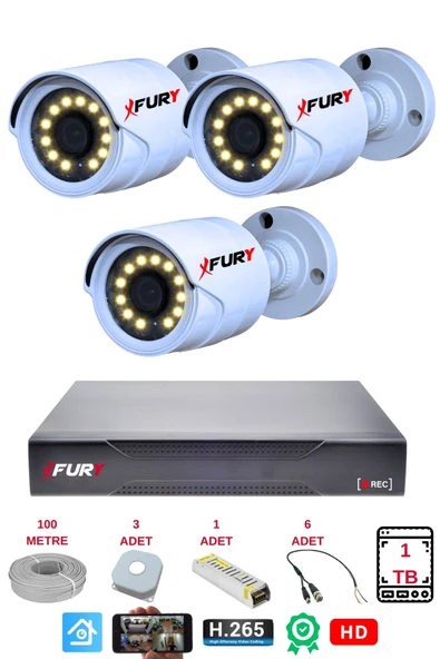 FURY 3 Lü Gece Renkli Görüş Güvenlik Kamerası Full Hd-Su Geçirmez Güvenlik Kamerası Seti 1TB ürün görseli 1