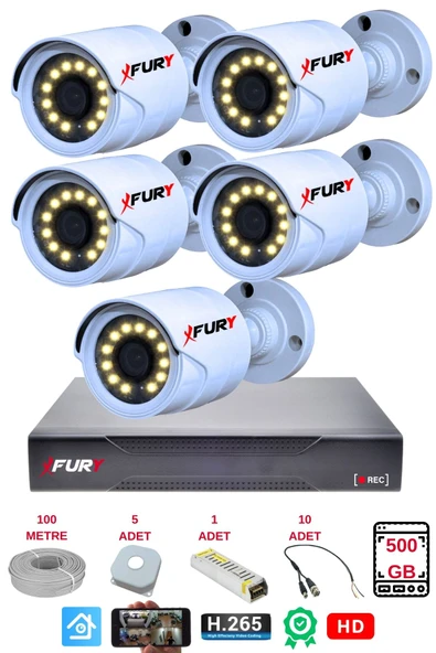 FURY 5 li Gece Renkli Görüş Güvenlik Kamerası Full HD-Su Geçirmez Güvenlik Kamerası Seti 500GB ürün görseli 1