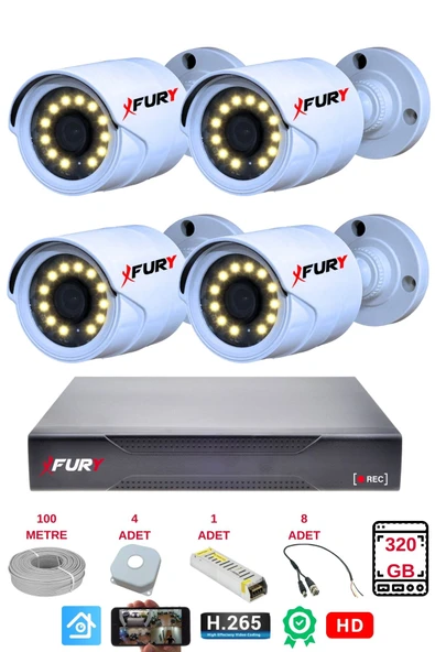 FURY 4 Lü Gece Renkli Görüş Güvenlik Kamerası Full Hd-su Geçirmez Güvenlik Kamerası Seti 320gb ürün görseli 1