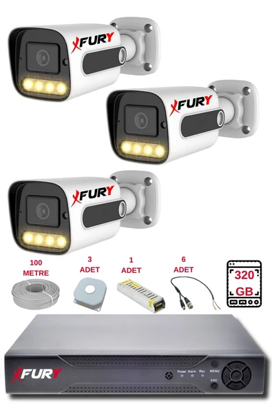 FURY 3 Kameralı Set Full HD Gece Renkli Görüş-Cepten İzle-Su Geçirmez Güvenlik Kamerası Seti 320GB ürün görseli 1