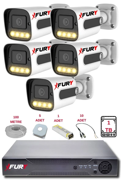 FURY 5 Kameralı Set Full HD Gece Renkli Görüş - Cepten İzle - Su Geçirmez Güvenlik Kamerası Seti 1TB ürün görseli 1