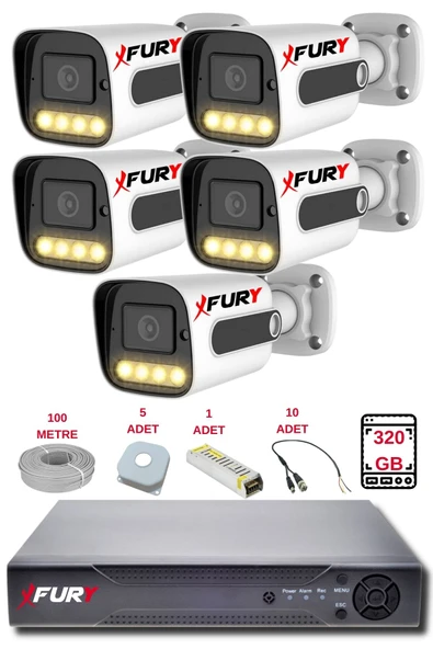 FURY 5 Kameralı Set Full HD Gece Renkli Görüş-Cepten İzle-Su Geçirmez Güvenlik Kamerası Seti 320GB ürün görseli 1