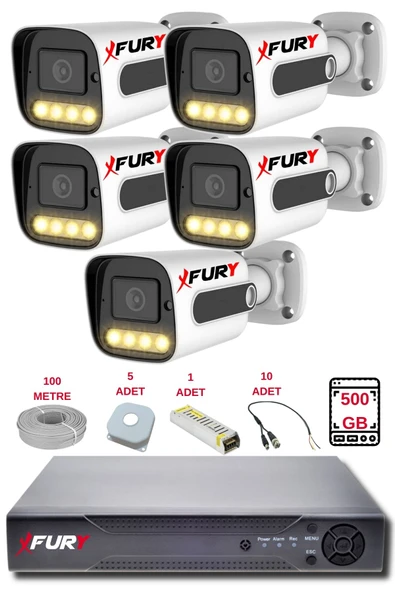FURY 5 Kameralı Set Full HD Gece Renkli Görüş - Cepten İzle-Su Geçirmez Güvenlik Kamerası Seti 500GB ürün görseli 1