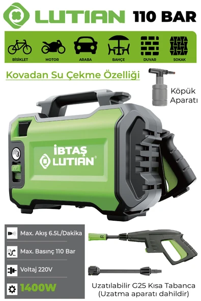 LUTİAN LT2161-1400 - 110 Bar Yüksek Basınçlı 220 Volt Oto Araba Yıkama Temizleme Tabancası Makinesi 1400 Watt ürün görseli 1