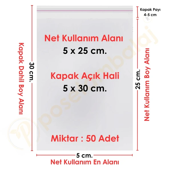 5x25+5 cm.(5x30) 50 Adet Şeffaf Bantlı Yapışkanlı OPP Poşet ürün görseli 1