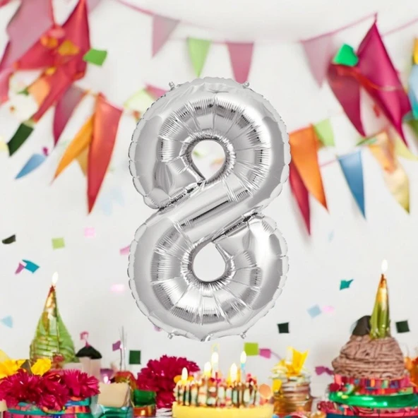Brokoli Home 8 Numara Folyo Gümüş  Balon 100cm 40inç Helyuma Uygun Parti Balonu Numaralar ürün görseli 1
