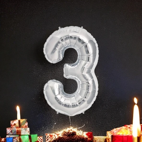 Brokoli Home 3 Numara Folyo Gümüş  Balon 100cm 40inç Helyuma Uygun Parti Balonu Numaralar ürün görseli 1