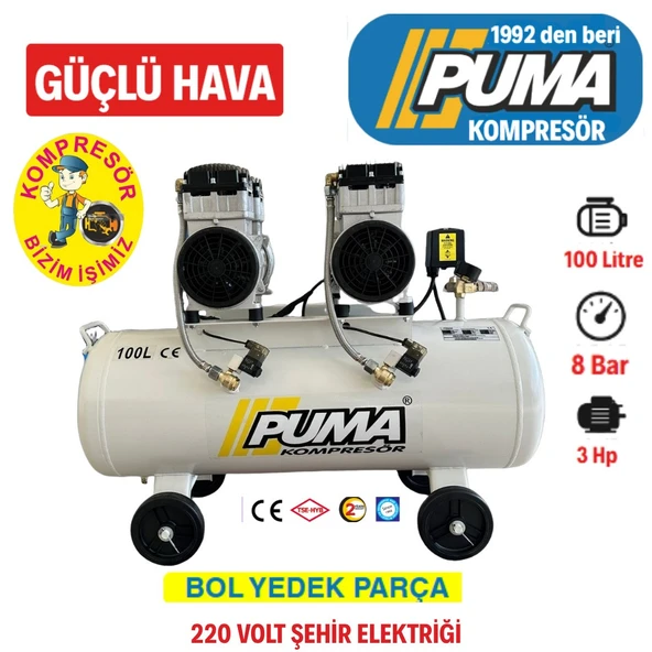SESSİZ YAĞSIZ PİSTONLU KOMPRESÖR - 100 Lt - 3 HP - 8 Bar - Hava Üretimi: 400 Lt/dk. - 220 Volt ürün görseli 1