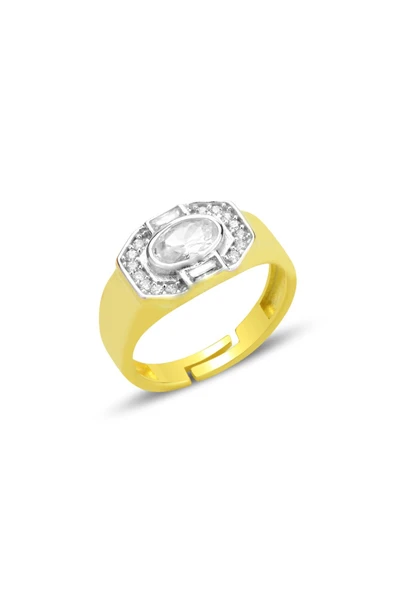 Gümüş altın yaldızlı oval kesim zirkon taşlı özel tasarım ayarlamalı yüzük SGTL12695GOLD ürün görseli 1