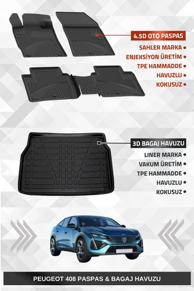 Sahler Peugeot 408 2022-2025 Uyumlu 4.5D Havuzlu Paspas ve Liner Marka Bagaj Havuzu - Hybrid Model Uyumlu Değildir! ürün görseli 1