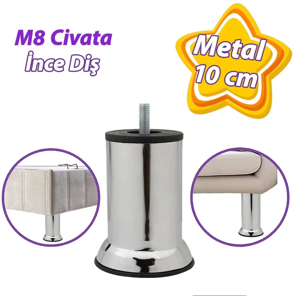 Metal Destek Ayağı 10 Cm Krom Mobilya Kanepe Baza Koltuk Ünite Ayakları Metrik 8 Civatalı İnce Diş ürün görseli 1