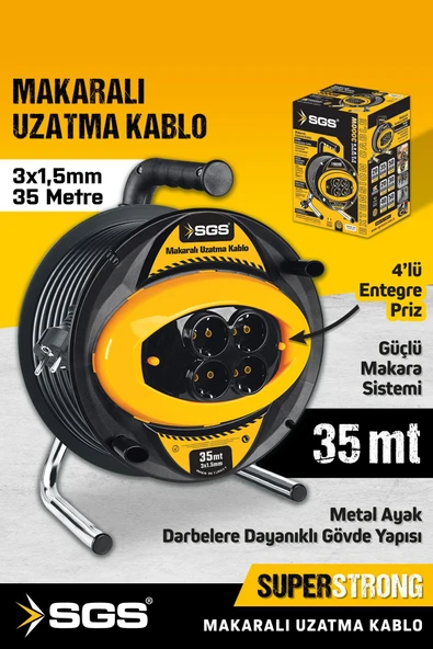 SGS2131 3x1,5mm 35 Metre Makaralı Uzatma Kablo Metal Ayaklı 4 Lü Priz ürün görseli 1