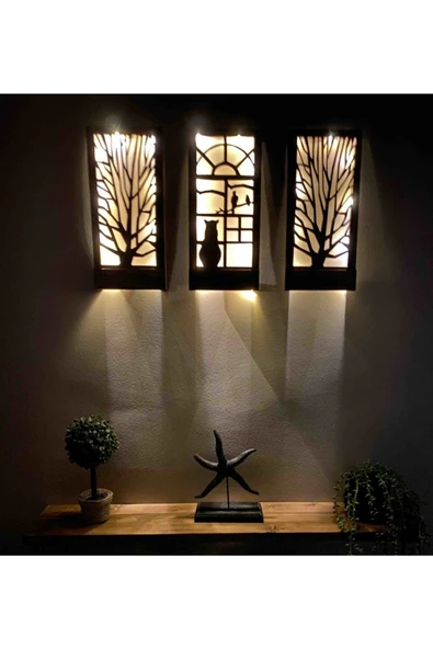 DDPEST Peri Led Li Pilli Ağaç Kedi Kuş Desenli Hediyelik Ahşap Tablo, 18x36 Cm 3 Lü Set Gece Lambası-DS ürün görseli 1