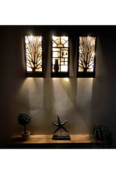 DDTREND Peri Led Li Pilli Ağaç Kedi Kuş Desenli Hediyelik Ahşap Tablo, 18x36 Cm 3 Lü Set Gece Lambası ürün görseli 1
