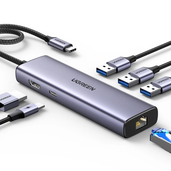 UGREEN 15598 Type-C to 3xUSB 3.0 4K/30HZ HDMI RJ45 Gigabit Ethernet 100W PD Güç Girişi Çoklayıcı Hub ürün görseli 1