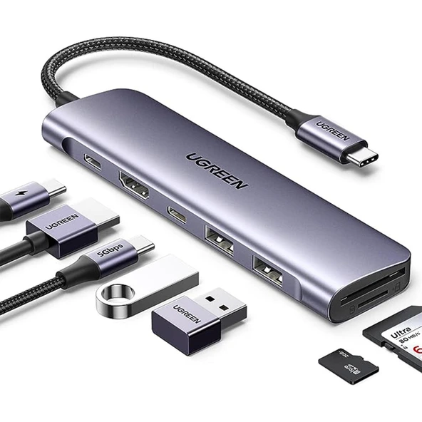 UGREEN 15214 USB-C to 4K 7 in 1 HDMI 100W PD 2xUSB-A SD Micro SD Kart Dönüştürücü Çoklayıcı Hub ürün görseli 1