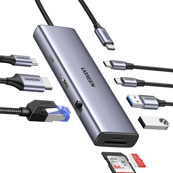 UGREEN 15375 9 in 1 Type-C to 2xUSB 3.0 2xUSB-C 4K/60Hz HDMI Gigabit Ethernet SD TF Kart Okuyucu Çoklayıcı Hub Adaptör ürün görseli 1