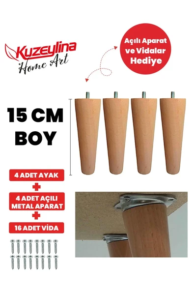 Ahşap Konik Ayak - Mobilya, Koltuk, Tv Ünitesi Uyumlu - 15 Cm Ham- 4 Adet ürün görseli 1