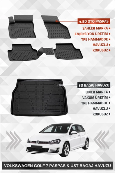 Sahler Volkswagen Golf 7 2013-2020 Uyumlu 4.5d Premium Havuzlu Paspas ve Liner Marka 3D ÜST Bagaj Havuzu ürün görseli 1