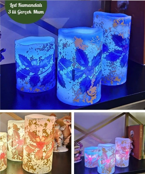 Yılbaşı Noel Temalı 3 lü Set Led Gerçek Mum Kumandalı 9 Renk Yanabilme ve Animasyonlu Büyük Boy Mum ürün görseli 1