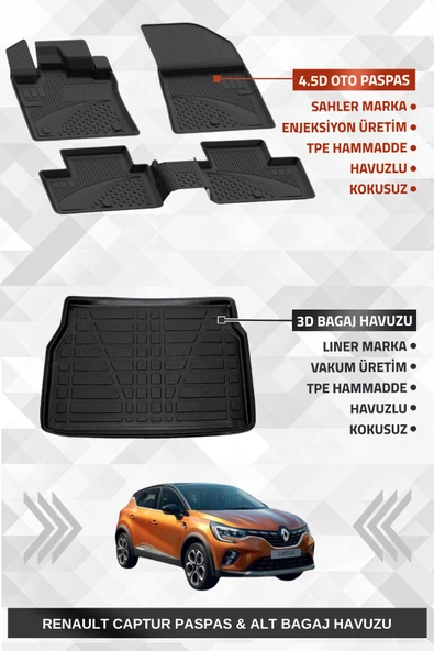 Sahler Renault Captur 2020+ Uyumlu 4.5D Premium Havuzlu Paspas ve Liner Marka 3D Alt Bagaj Havuzu ürün görseli 1