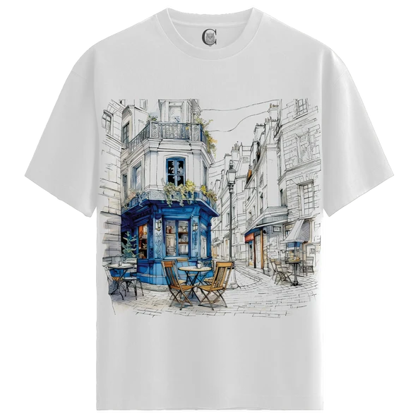 Parisian Cafe - %100 Pamuklu Kadın Beyaz Tişört - Premium Quality ürün görseli 1