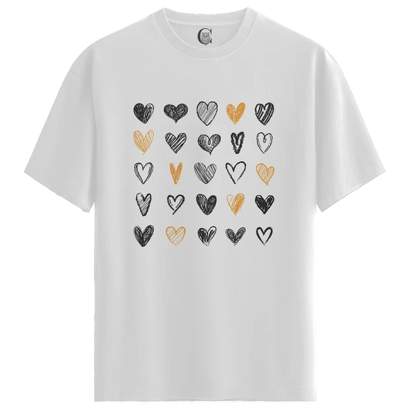 Hearts Sketch - %100 Pamuklu Kadın Beyaz Tişört - Premium Quality ürün görseli 1