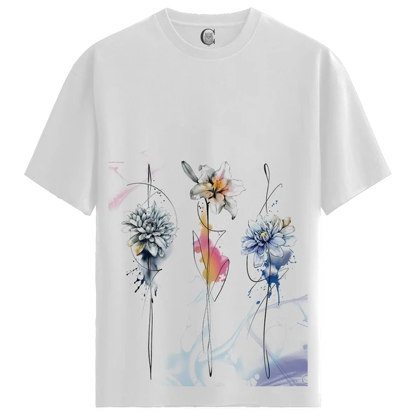 Abstract Blooms - %100 Pamuklu Kadın Beyaz Tişört - Premium Quality ürün görseli 1