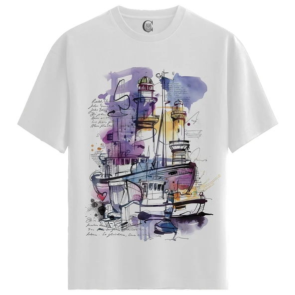 Abstract Harbor - %100 Pamuklu Erkek Beyaz Tişört - Premium Quality ürün görseli 1