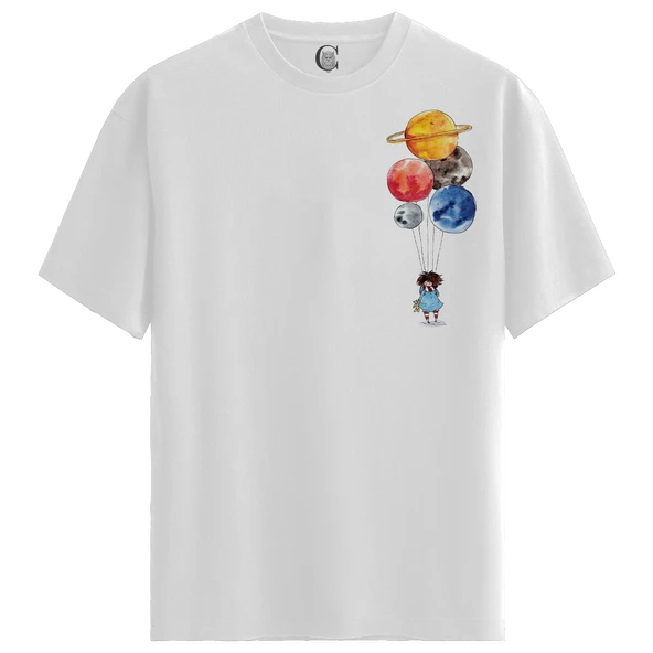 Planet Balloons - %100 Pamuklu Kadın Beyaz Tişört - Premium Quality ürün görseli 1