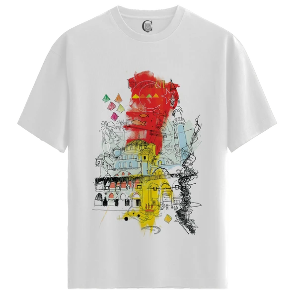 Istanbul Sketch - %100 Pamuklu Erkek Beyaz Tişört - Premium Quality ürün görseli 1