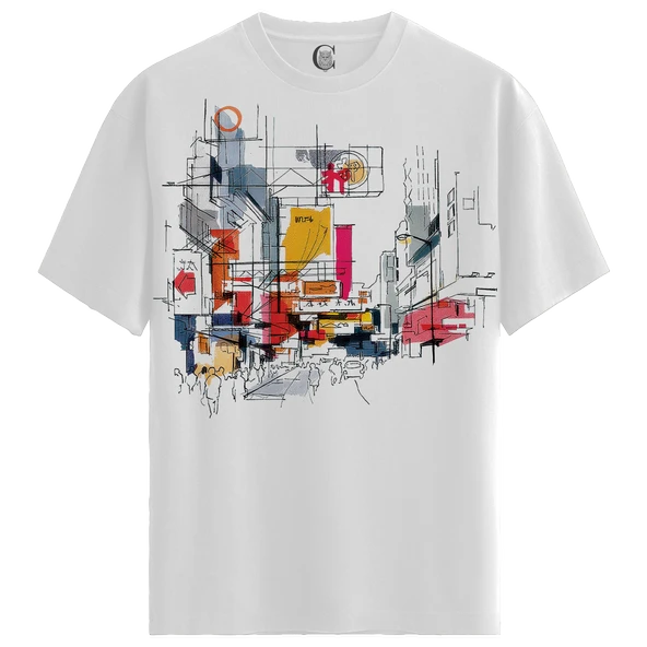 Cityscape Sketch - %100 Pamuklu Erkek Beyaz Tişört - Premium Quality ürün görseli 1