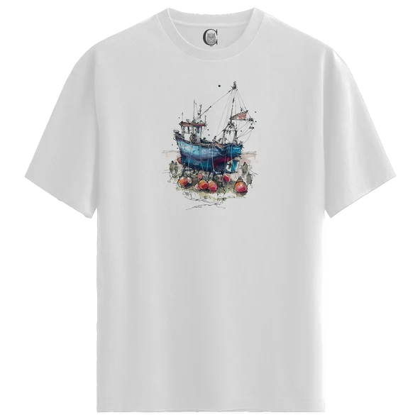 Fishing Boat - %100 Pamuklu Erkek Beyaz Tişört - Premium Quality ürün görseli 1